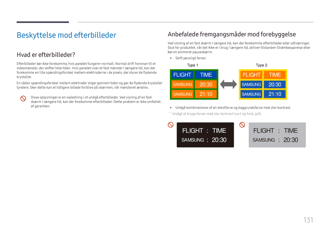 Samsung LH49DCHPLGC/EN, LH49DCJPLGC/EN, LH43DCJPLGC/EN manual Beskyttelse mod efterbilleder, 131 