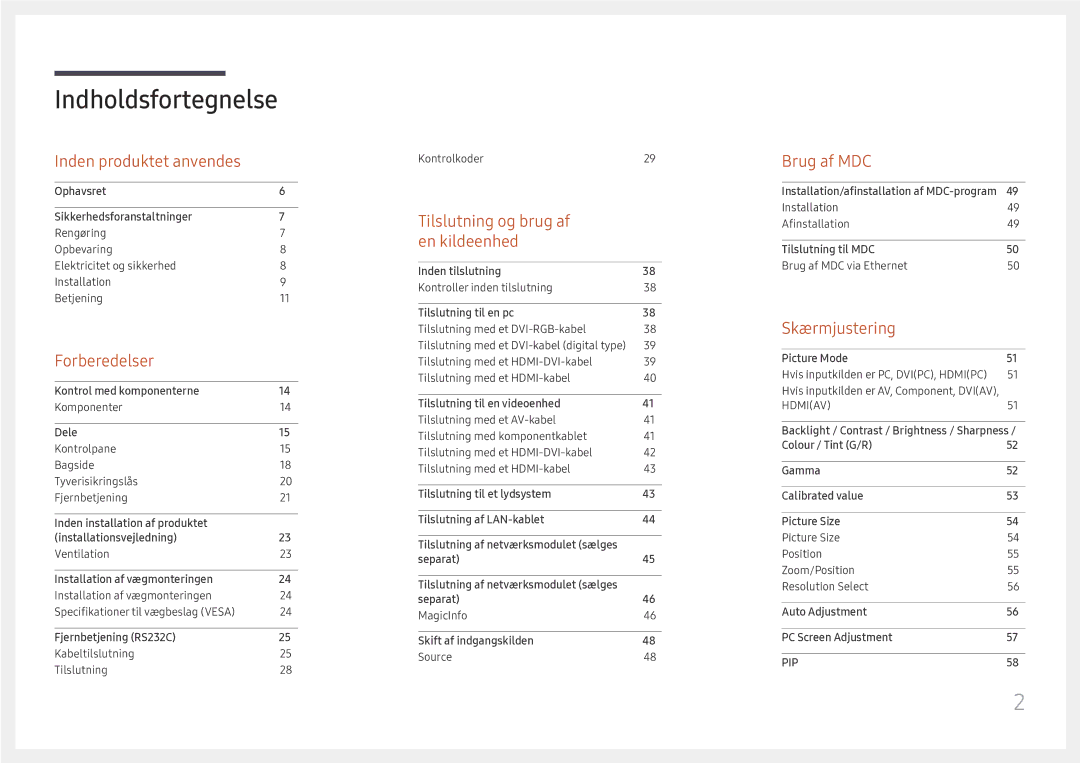 Samsung LH49DCHPLGC/EN, LH49DCJPLGC/EN, LH43DCJPLGC/EN manual Indholdsfortegnelse 