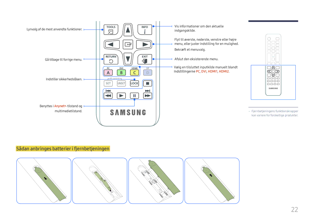 Samsung LH43DCJPLGC/EN manual Sådan anbringes batterier i fjernbetjeningen, Vis informationer om den aktuelle indgangskilde 