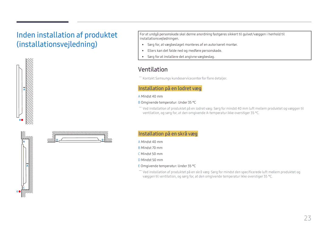 Samsung LH49DCHPLGC/EN, LH49DCJPLGC/EN manual Ventilation, Installation på en lodret væg, Installation på en skrå væg 