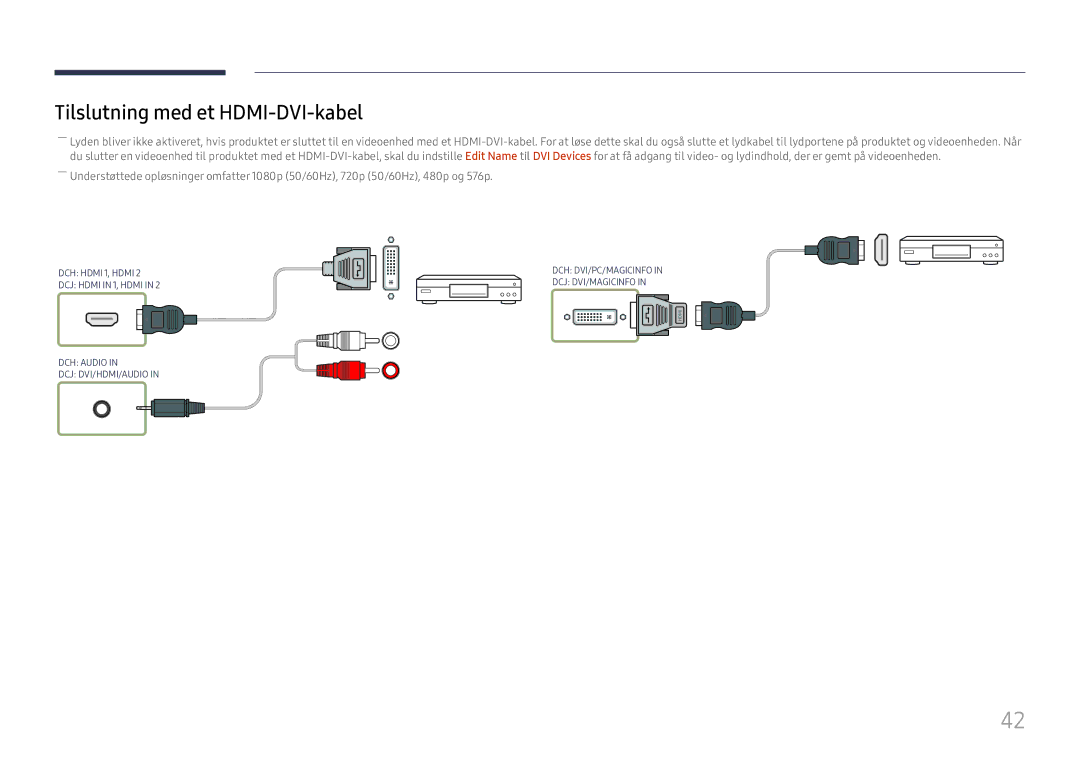 Samsung LH49DCJPLGC/EN, LH43DCJPLGC/EN, LH49DCHPLGC/EN manual Tilslutning med et HDMI-DVI-kabel 