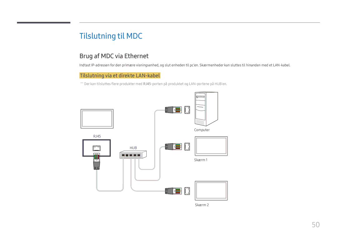 Samsung LH49DCHPLGC/EN, LH49DCJPLGC/EN Tilslutning til MDC, Brug af MDC via Ethernet, Tilslutning via et direkte LAN-kabel 