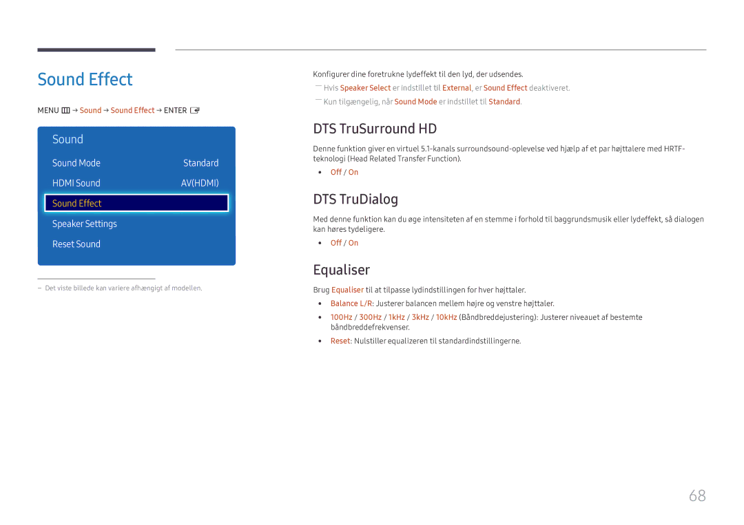 Samsung LH49DCHPLGC/EN manual Sound Effect, DTS TruSurround HD, DTS TruDialog, Equaliser, Speaker Settings Reset Sound 