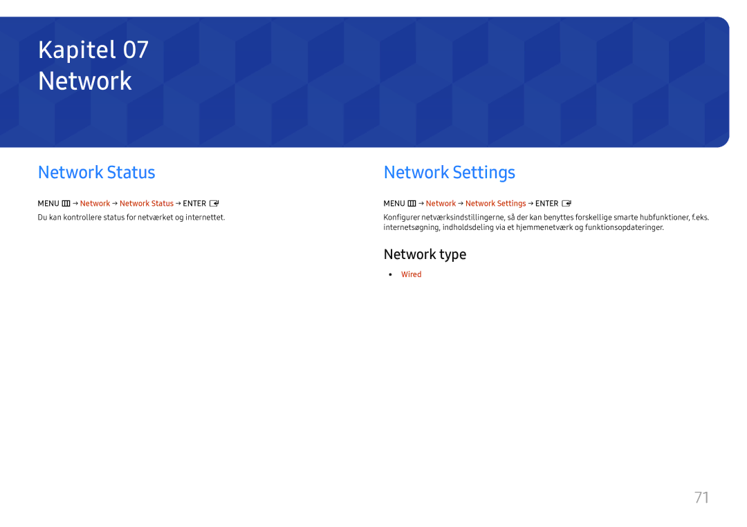 Samsung LH49DCHPLGC/EN, LH49DCJPLGC/EN, LH43DCJPLGC/EN manual Network Status, Network Settings, Network type 