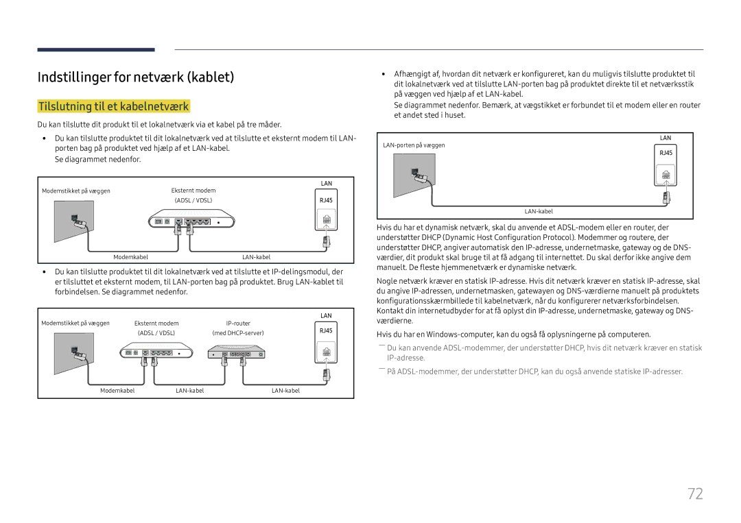 Samsung LH49DCJPLGC/EN, LH43DCJPLGC/EN, LH49DCHPLGC/EN Indstillinger for netværk kablet, Tilslutning til et kabelnetværk 