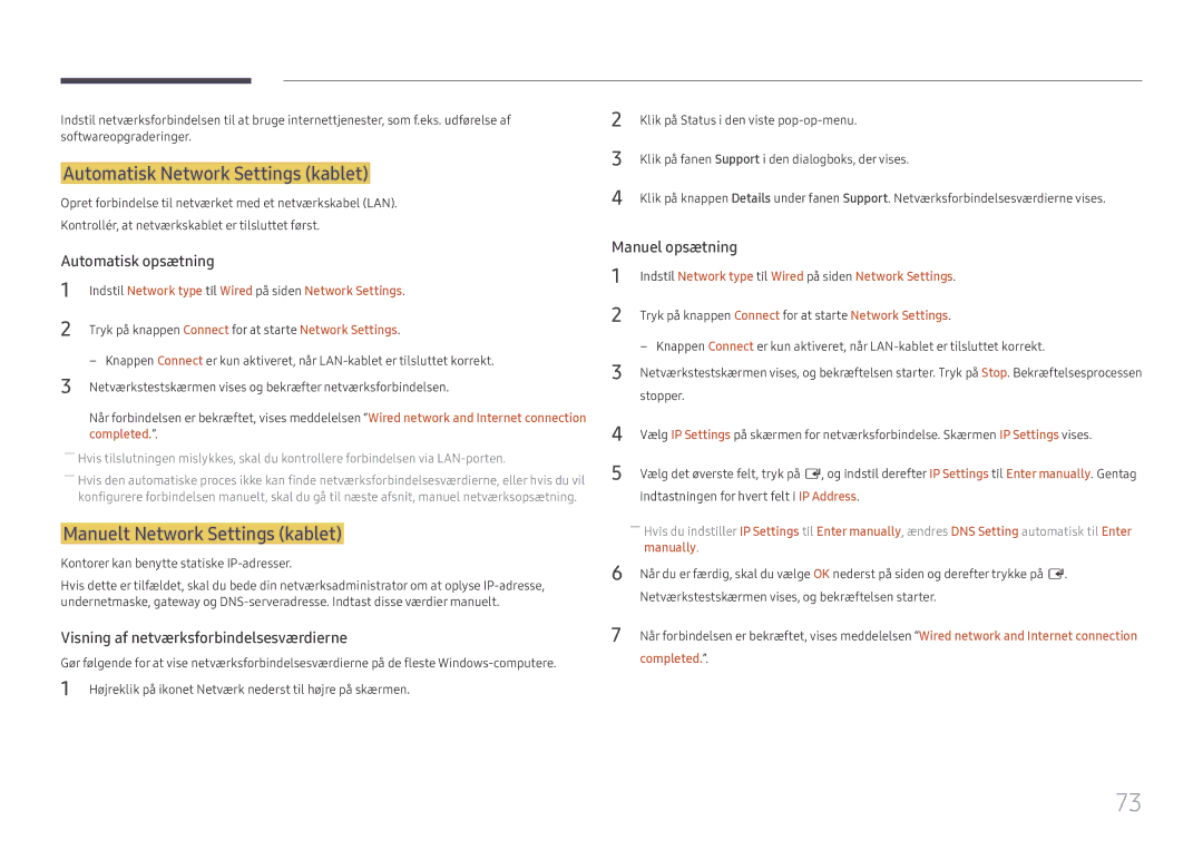 Samsung LH43DCJPLGC/EN manual Automatisk Network Settings kablet, Manuelt Network Settings kablet, Manually, Completed 