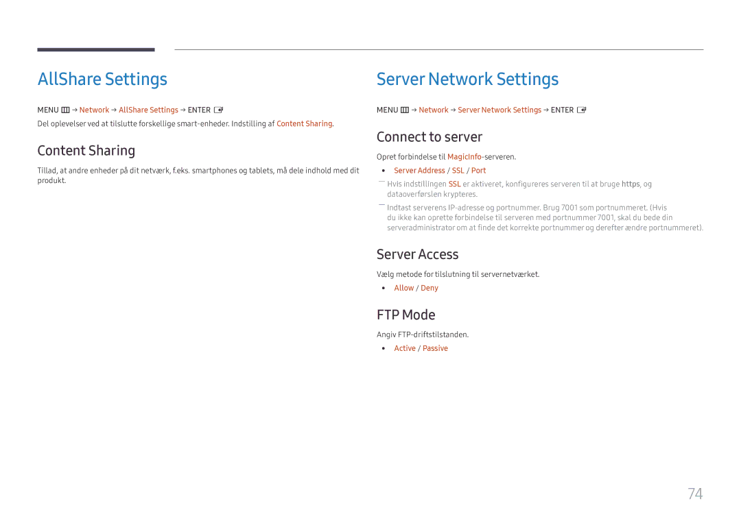 Samsung LH49DCHPLGC/EN, LH49DCJPLGC/EN manual AllShare Settings, Content Sharing, Connect to server, Server Access, FTP Mode 