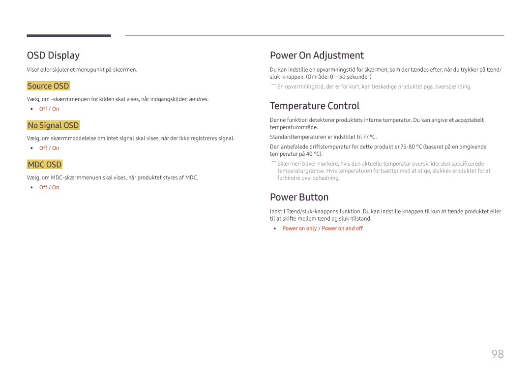 Samsung LH49DCHPLGC/EN, LH49DCJPLGC/EN, LH43DCJPLGC/EN OSD Display, Power On Adjustment, Temperature Control, Power Button 