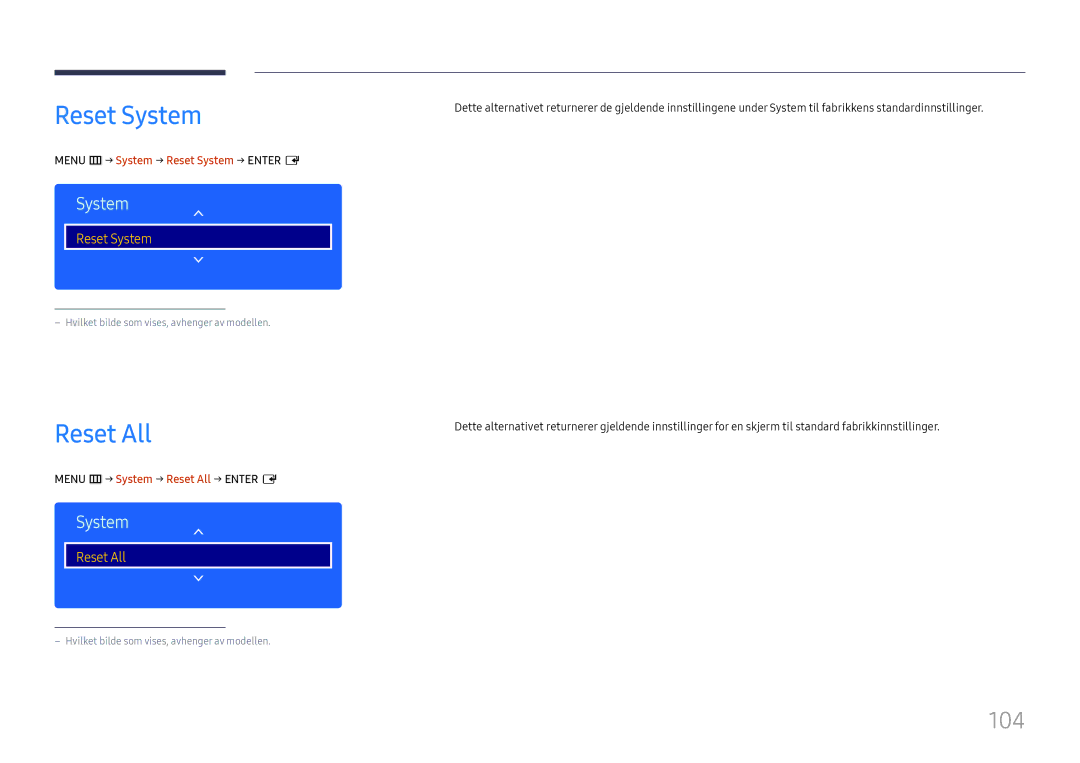 Samsung LH49DCHPLGC/EN manual 104, Menu m → System → Reset System → Enter E, Menu m → System → Reset All → Enter E 