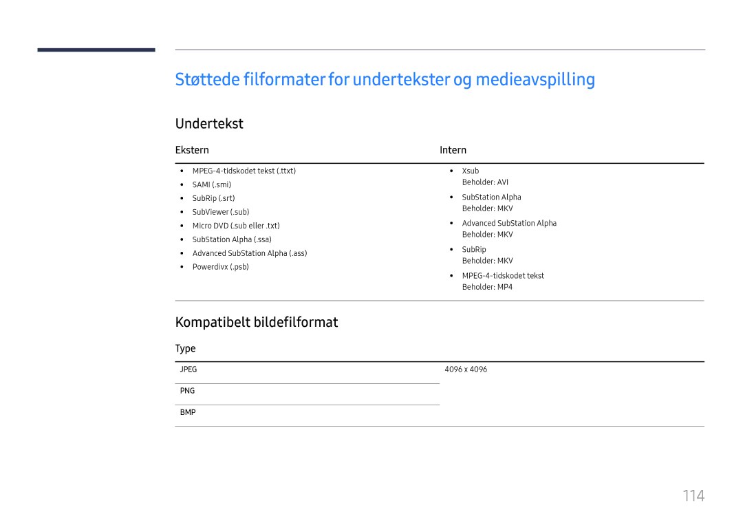 Samsung LH49DCJPLGC/EN, LH43DCJPLGC/EN manual Støttede filformater for undertekster og medieavspilling, 114, Undertekst 