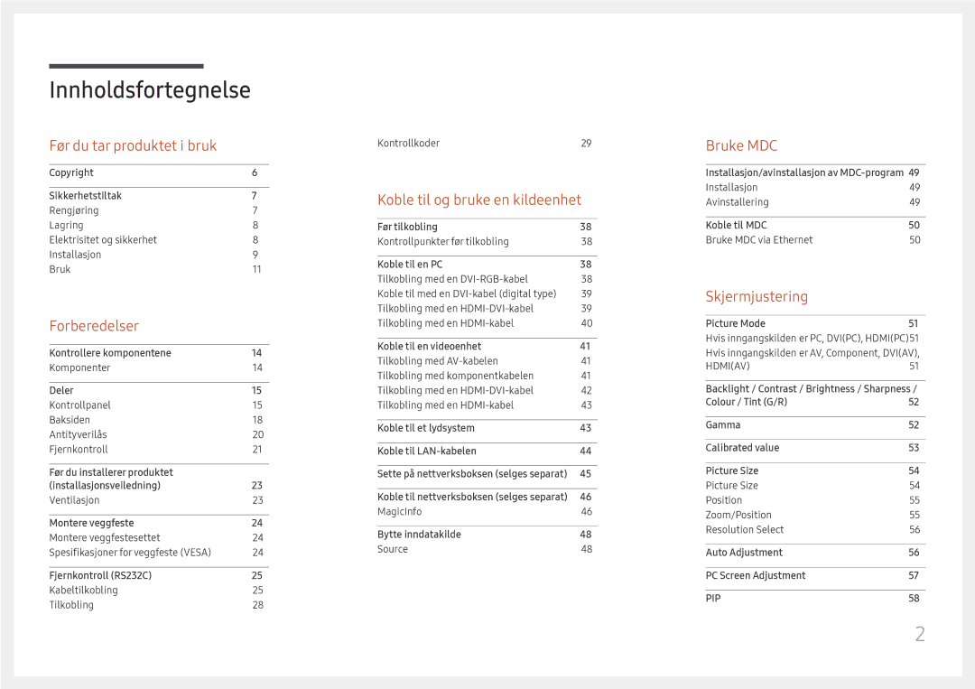 Samsung LH49DCHPLGC/EN, LH49DCJPLGC/EN, LH43DCJPLGC/EN manual Innholdsfortegnelse 