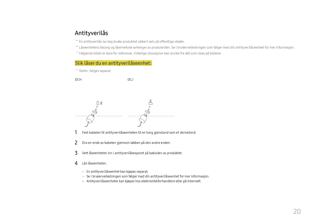 Samsung LH49DCHPLGC/EN, LH49DCJPLGC/EN, LH43DCJPLGC/EN manual Antityverilås, Slik låser du en antityverilåseenhet 