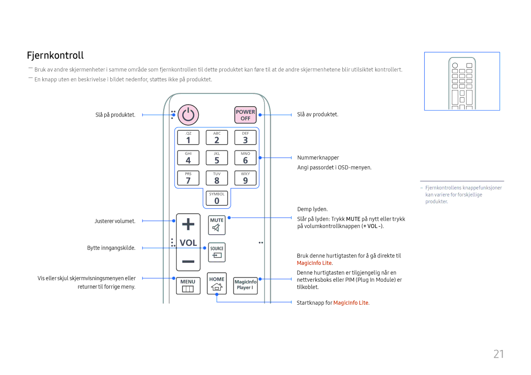 Samsung LH49DCJPLGC/EN, LH43DCJPLGC/EN, LH49DCHPLGC/EN manual Fjernkontroll 