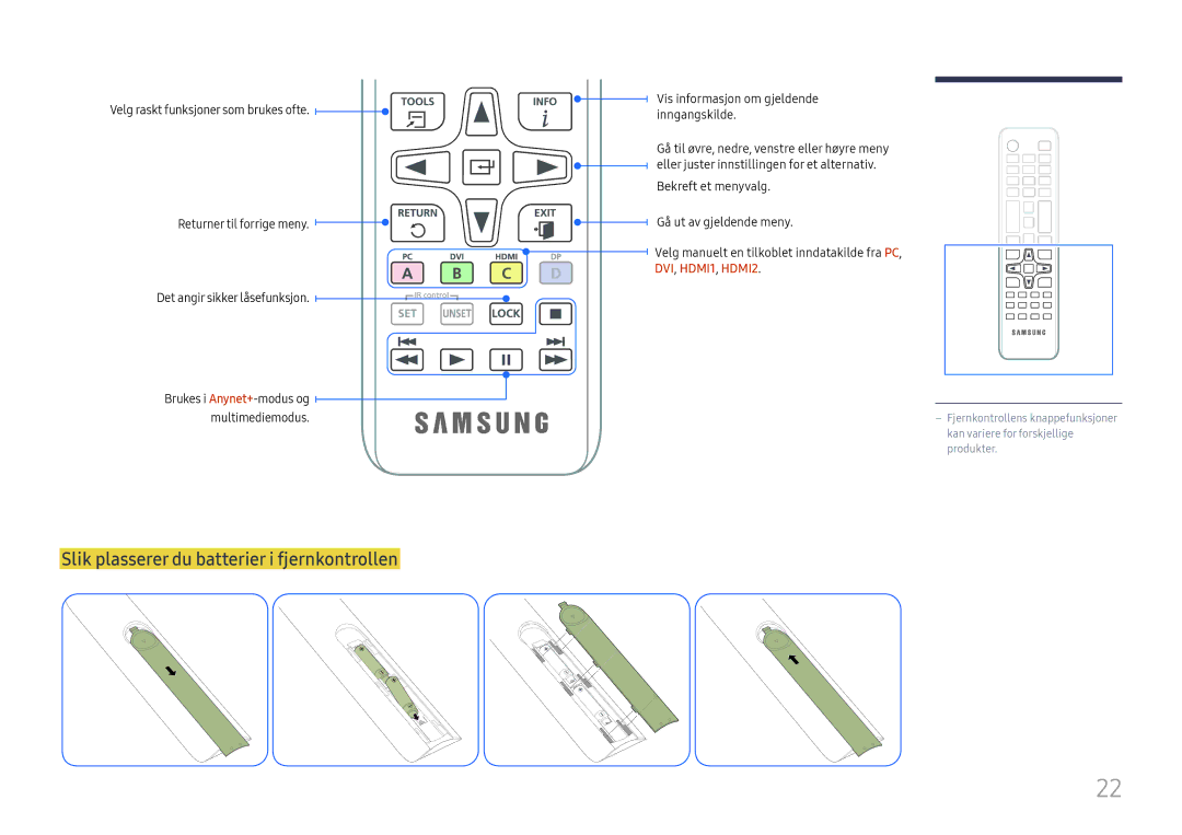 Samsung LH43DCJPLGC/EN, LH49DCJPLGC/EN, LH49DCHPLGC/EN manual Slik plasserer du batterier i fjernkontrollen 