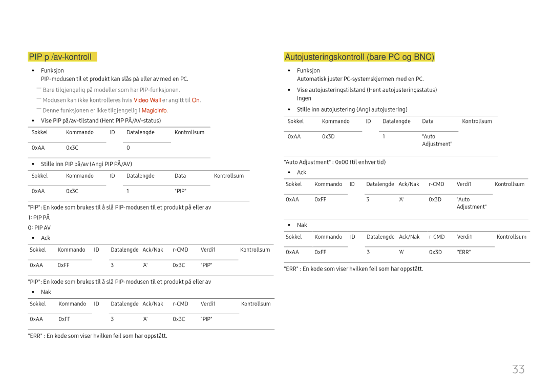 Samsung LH49DCJPLGC/EN, LH43DCJPLGC/EN, LH49DCHPLGC/EN manual PIP på/av-kontroll, Autojusteringskontroll bare PC og BNC 