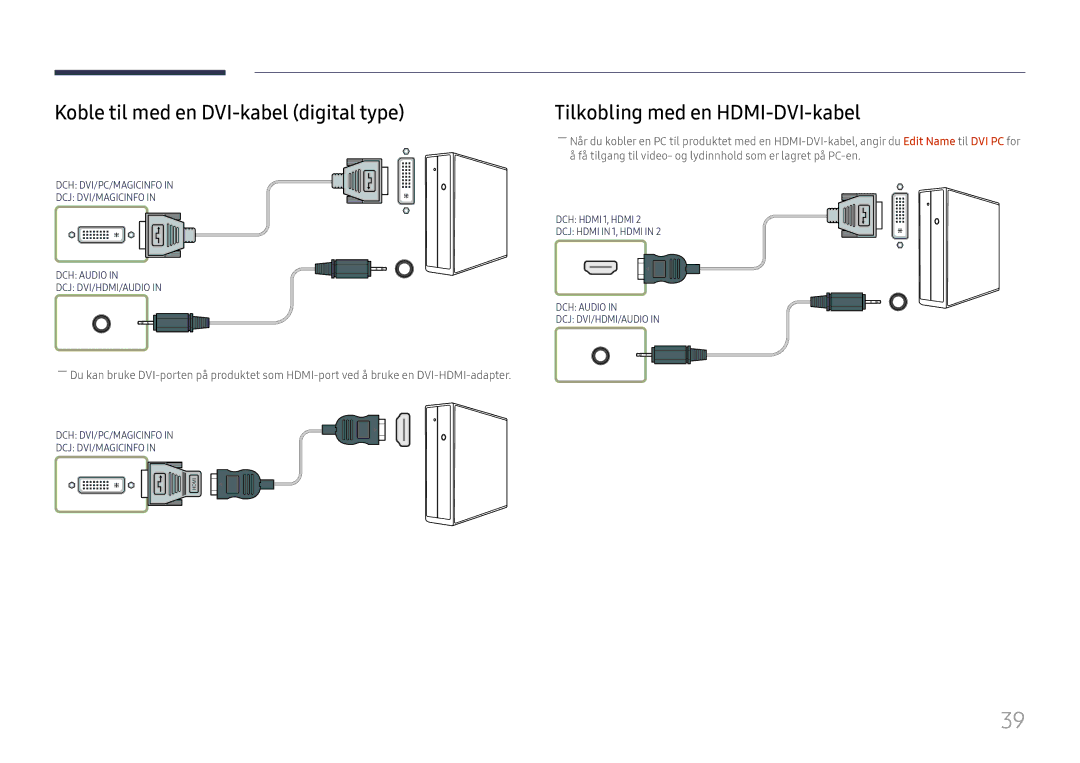 Samsung LH49DCJPLGC/EN, LH43DCJPLGC/EN manual Koble til med en DVI-kabel digital type, Tilkobling med en HDMI-DVI-kabel 