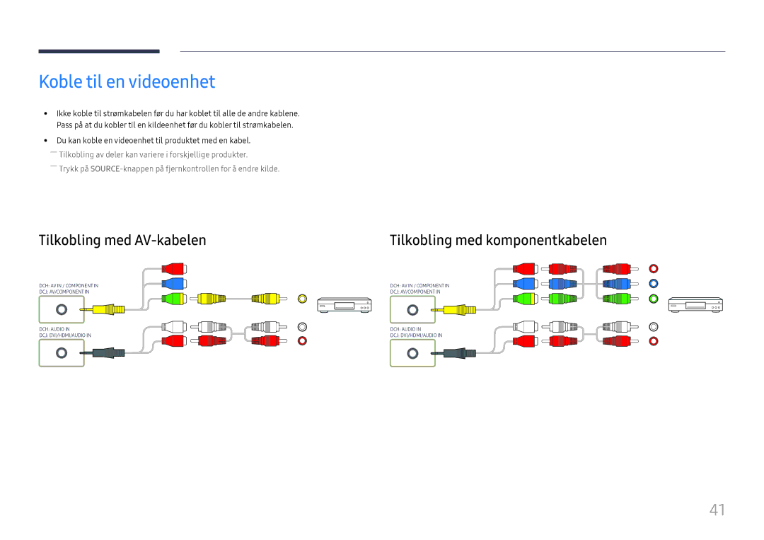 Samsung LH49DCHPLGC/EN, LH49DCJPLGC/EN Koble til en videoenhet, Tilkobling med AV-kabelen, Tilkobling med komponentkabelen 