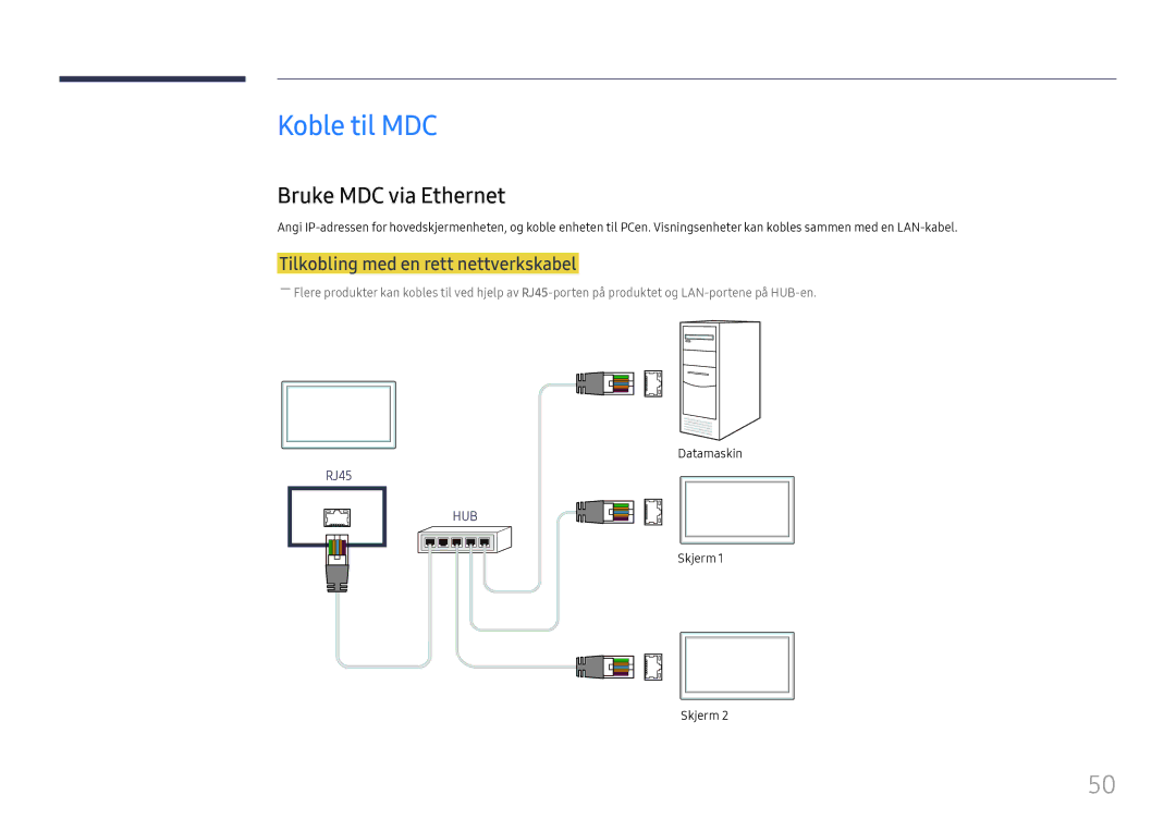 Samsung LH49DCHPLGC/EN, LH49DCJPLGC/EN manual Koble til MDC, Bruke MDC via Ethernet, Tilkobling med en rett nettverkskabel 