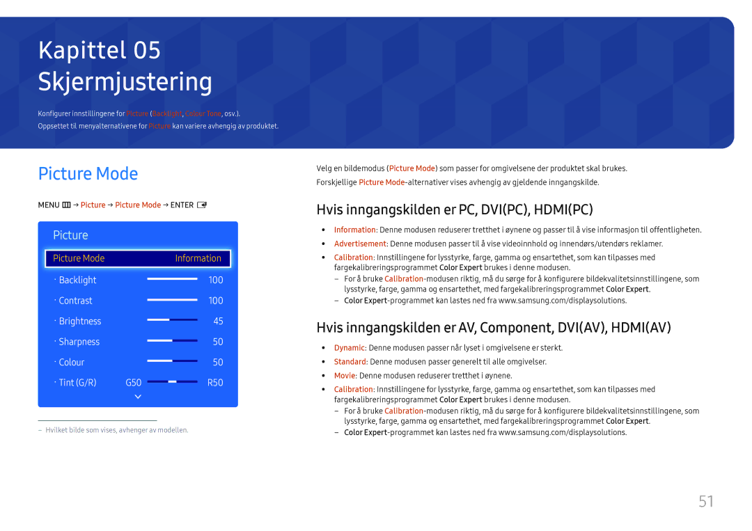 Samsung LH49DCJPLGC/EN, LH43DCJPLGC/EN manual Skjermjustering, Picture Mode, Hvis inngangskilden er PC, DVIPC, Hdmipc 