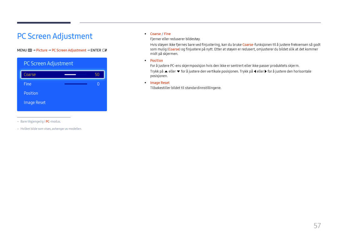 Samsung LH49DCJPLGC/EN, LH43DCJPLGC/EN, LH49DCHPLGC/EN manual PC Screen Adjustment, Fine Position Image Reset 