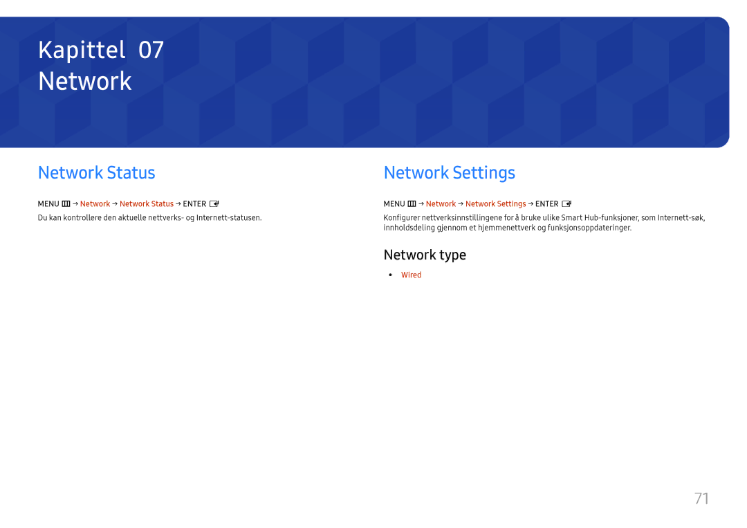 Samsung LH49DCHPLGC/EN, LH49DCJPLGC/EN, LH43DCJPLGC/EN manual Network Status, Network Settings, Network type 