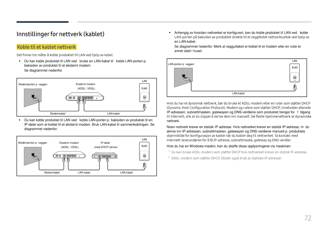 Samsung LH49DCJPLGC/EN, LH43DCJPLGC/EN, LH49DCHPLGC/EN manual Innstillinger for nettverk kablet, Koble til et kablet nettverk 