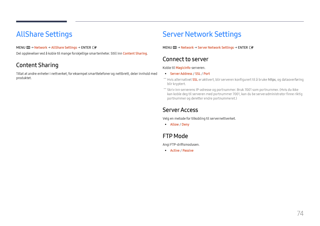 Samsung LH49DCHPLGC/EN, LH49DCJPLGC/EN manual AllShare Settings, Content Sharing, Connect to server, Server Access, FTP Mode 