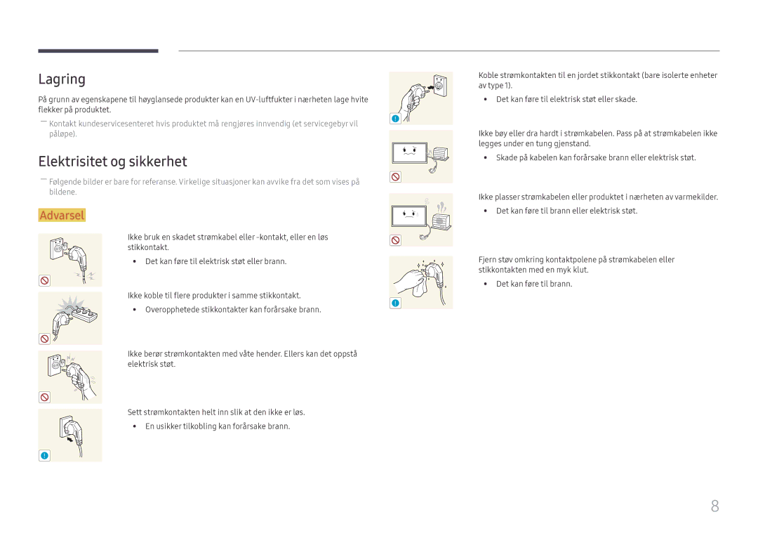 Samsung LH49DCHPLGC/EN, LH49DCJPLGC/EN, LH43DCJPLGC/EN manual Lagring, Elektrisitet og sikkerhet 