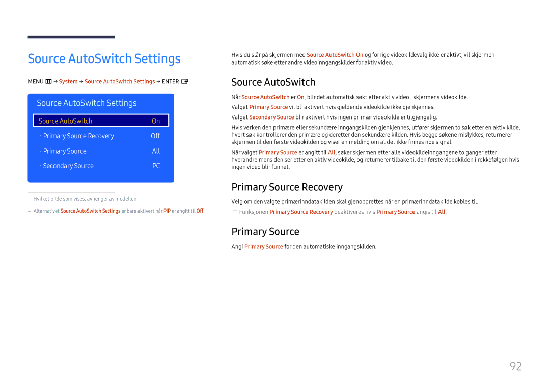 Samsung LH49DCHPLGC/EN, LH49DCJPLGC/EN, LH43DCJPLGC/EN manual Source AutoSwitch Settings, Primary Source Recovery 