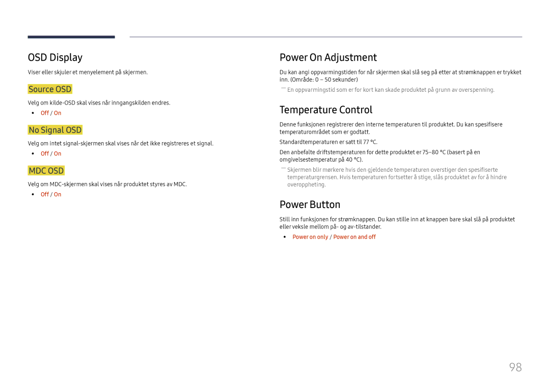 Samsung LH49DCHPLGC/EN, LH49DCJPLGC/EN, LH43DCJPLGC/EN OSD Display, Power On Adjustment, Temperature Control, Power Button 