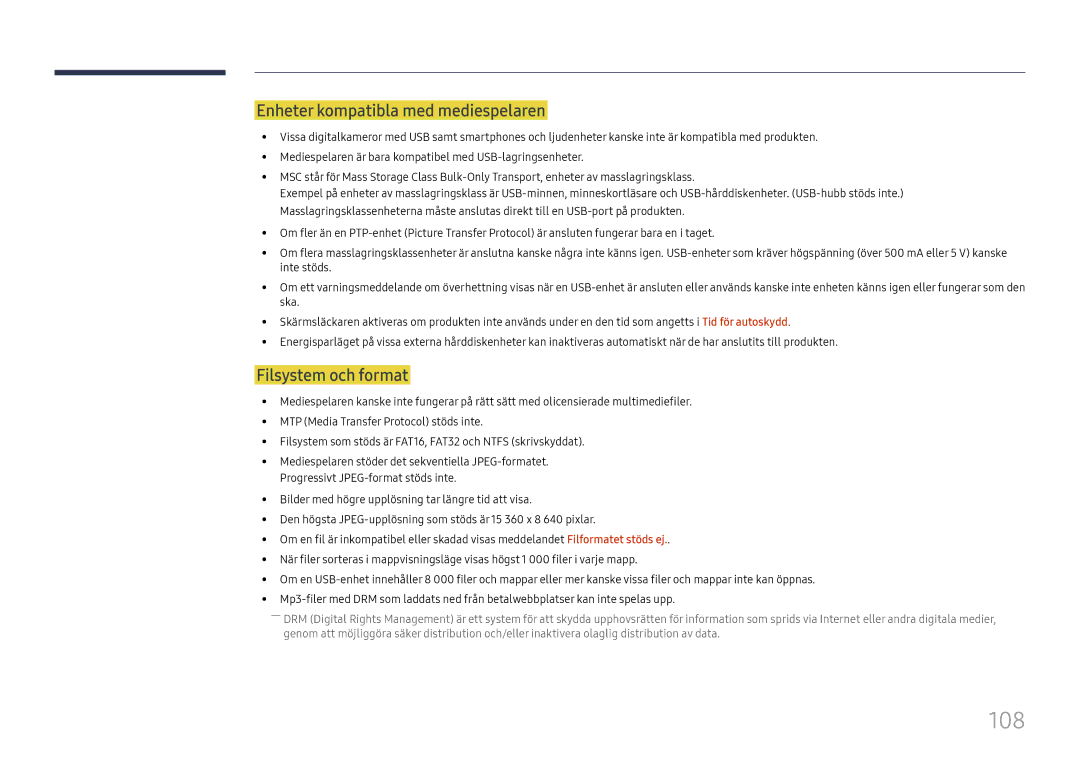 Samsung LH49DCJPLGC/EN, LH43DCJPLGC/EN, LH49DCHPLGC/EN manual 108, Enheter kompatibla med mediespelaren, Filsystem och format 