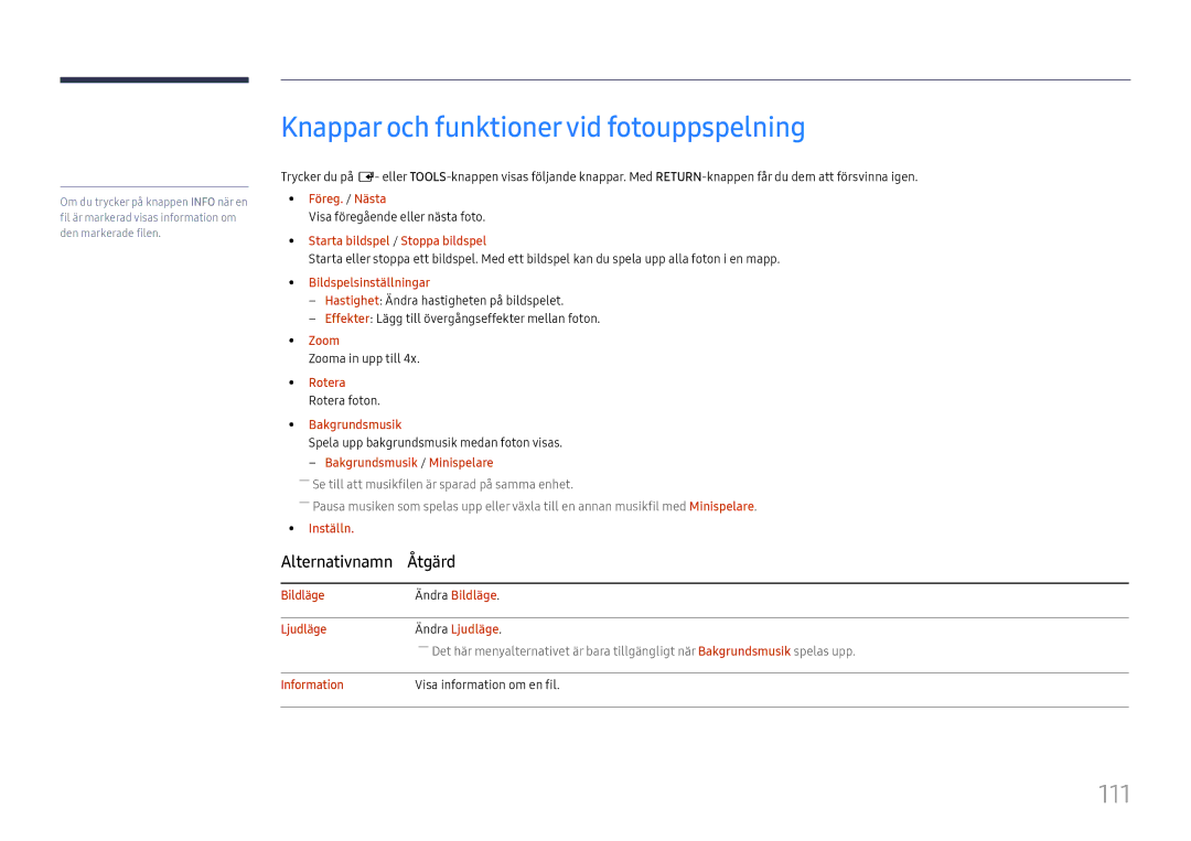 Samsung LH49DCJPLGC/EN, LH43DCJPLGC/EN, LH49DCHPLGC/EN manual Knappar och funktionervid fotouppspelning, 111 