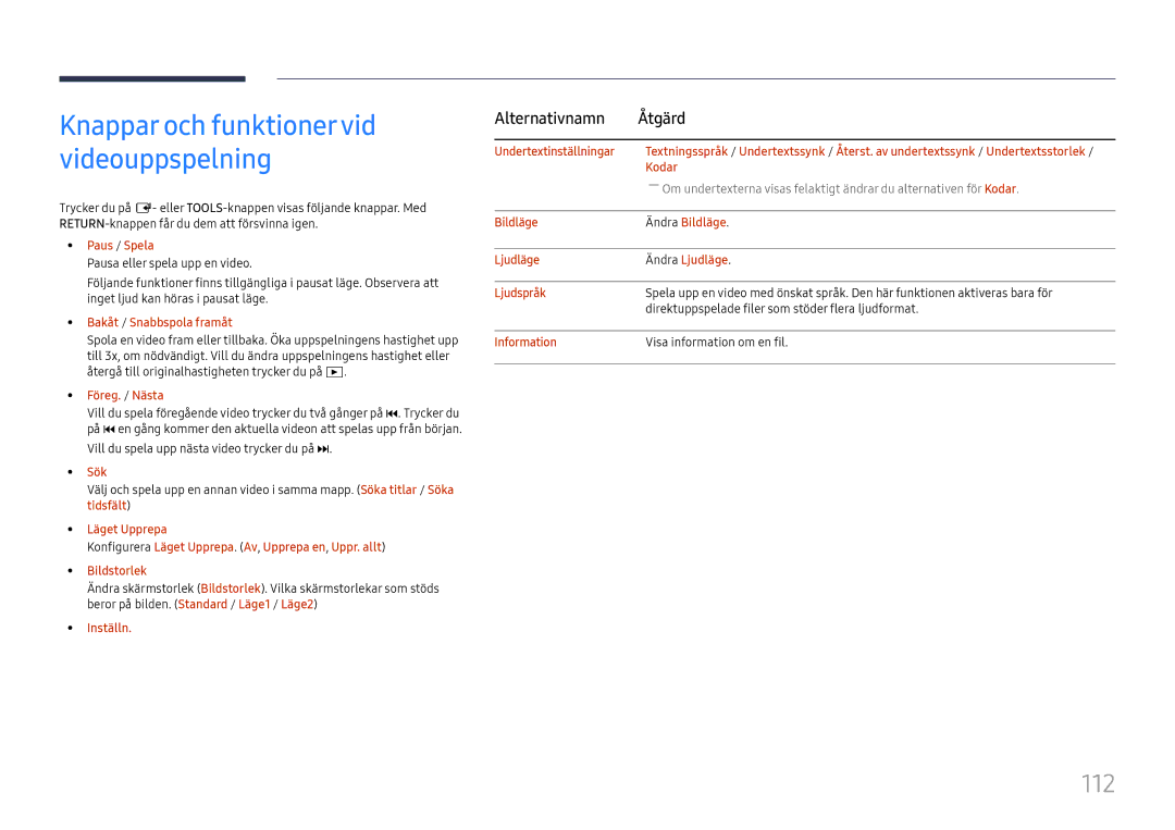 Samsung LH43DCJPLGC/EN, LH49DCJPLGC/EN, LH49DCHPLGC/EN 112, Paus / Spela, Bakåt / Snabbspola framåt, Undertextinställningar 