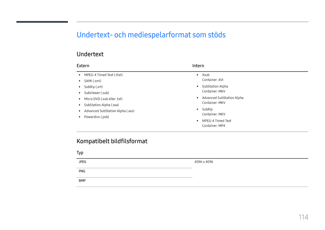 Samsung LH49DCJPLGC/EN, LH43DCJPLGC/EN manual Undertext- och mediespelarformat som stöds, 114, Kompatibelt bildfilsformat 