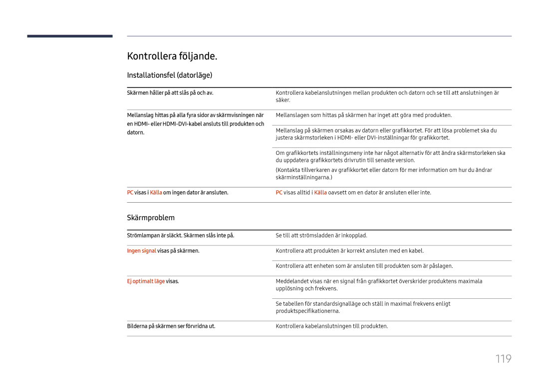 Samsung LH49DCHPLGC/EN manual 119, Kontrollera följande, Installationsfel datorläge, Skärmproblem, Ej optimalt läge visas 