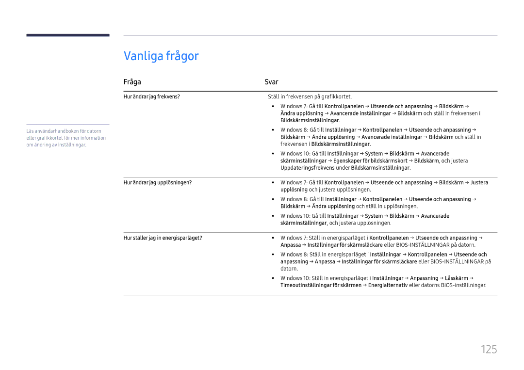 Samsung LH49DCHPLGC/EN, LH49DCJPLGC/EN, LH43DCJPLGC/EN manual Vanliga frågor, 125, Fråga Svar 