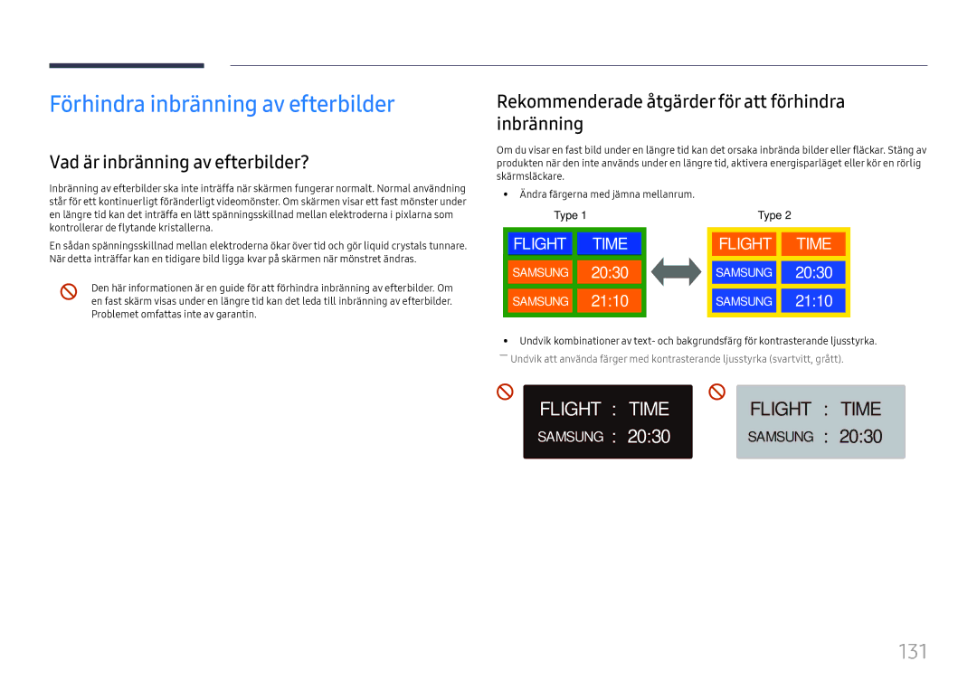 Samsung LH49DCHPLGC/EN, LH49DCJPLGC/EN manual Förhindra inbränning av efterbilder, 131, Vad är inbränning av efterbilder? 