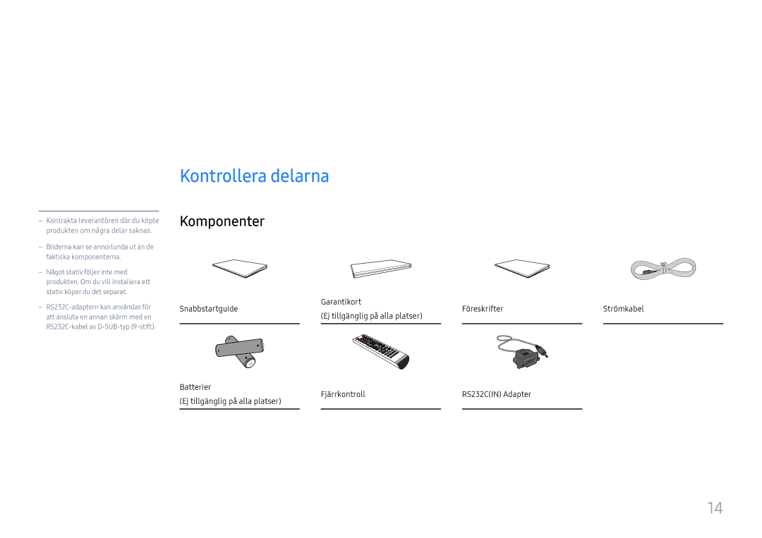 Samsung LH49DCHPLGC/EN, LH49DCJPLGC/EN, LH43DCJPLGC/EN manual Förberedelser, Kontrollera delarna, Komponenter 