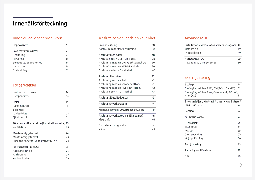 Samsung LH49DCHPLGC/EN, LH49DCJPLGC/EN, LH43DCJPLGC/EN manual Innehållsförteckning 