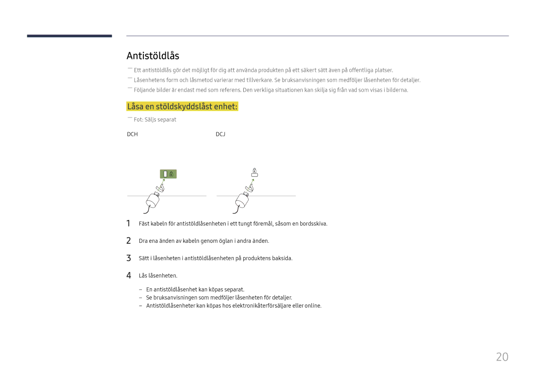 Samsung LH49DCHPLGC/EN, LH49DCJPLGC/EN, LH43DCJPLGC/EN manual Antistöldlås, Låsa en stöldskyddslåst enhet 