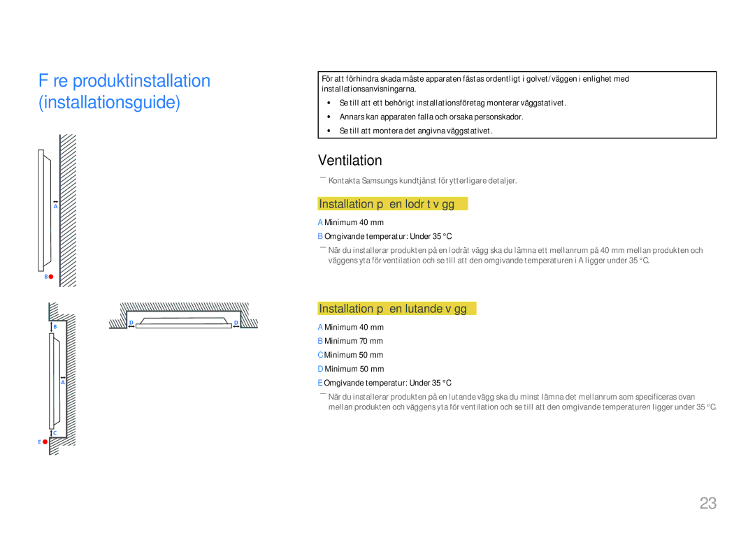 Samsung LH49DCHPLGC/EN, LH49DCJPLGC/EN manual Ventilation, Installation på en lodrät vägg, Installation på en lutande vägg 