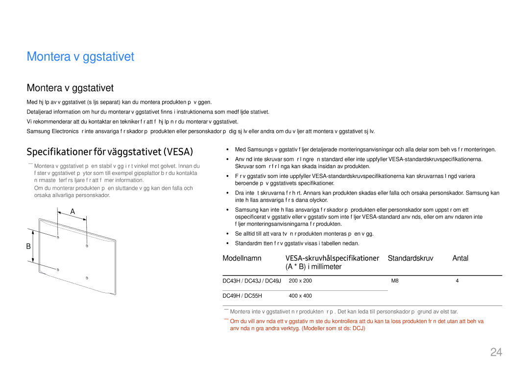 Samsung LH49DCJPLGC/EN, LH43DCJPLGC/EN manual Montera väggstativet, Specifikationer för väggstativet Vesa, Modellnamn 