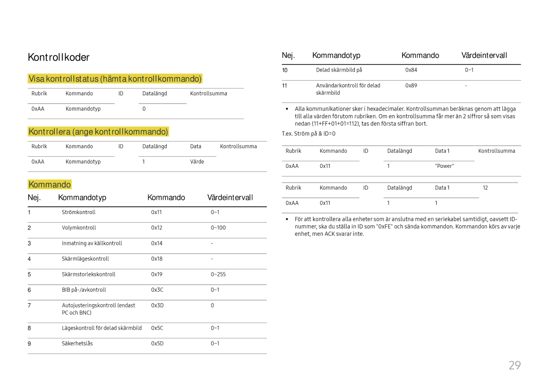 Samsung LH49DCHPLGC/EN manual Kontrollkoder, Visa kontrollstatus hämta kontrollkommando, Kontrollera ange kontrollkommando 