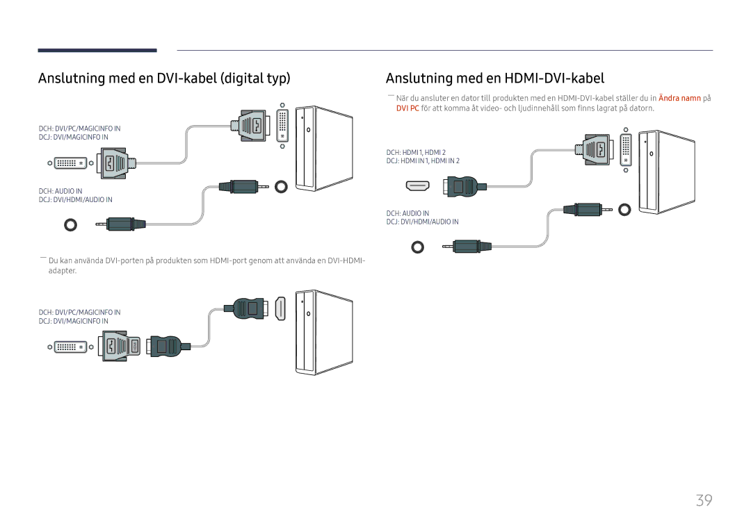 Samsung LH49DCJPLGC/EN, LH43DCJPLGC/EN manual Anslutning med en DVI-kabel digital typ, Anslutning med en HDMI-DVI-kabel 