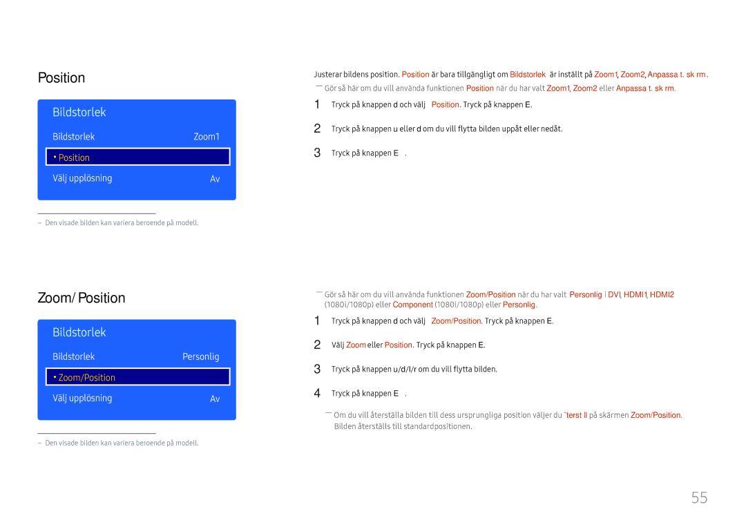 Samsung LH43DCJPLGC/EN, LH49DCJPLGC/EN, LH49DCHPLGC/EN manual Zoom/Position, Bildstorlek Zoom1, BildstorlekPersonlig 