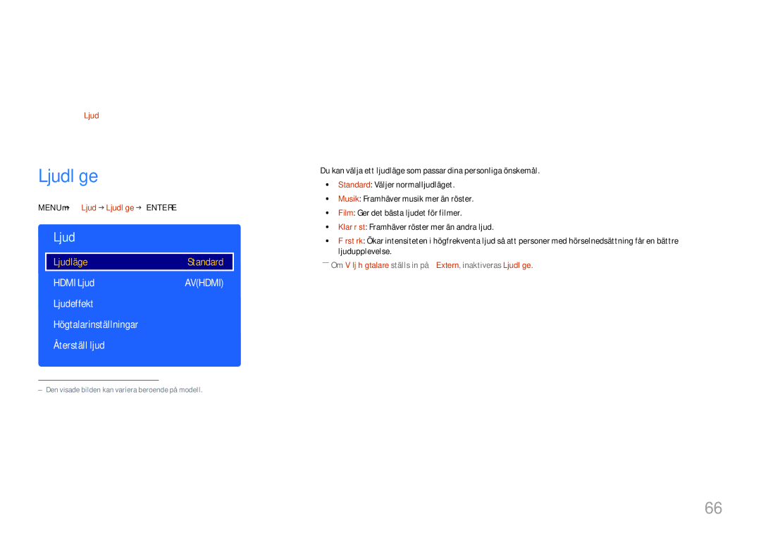 Samsung LH49DCJPLGC/EN manual Ljudinställning, Ljudläge, Hdmi Ljud, Ljudeffekt Högtalarinställningar Återställ ljud 