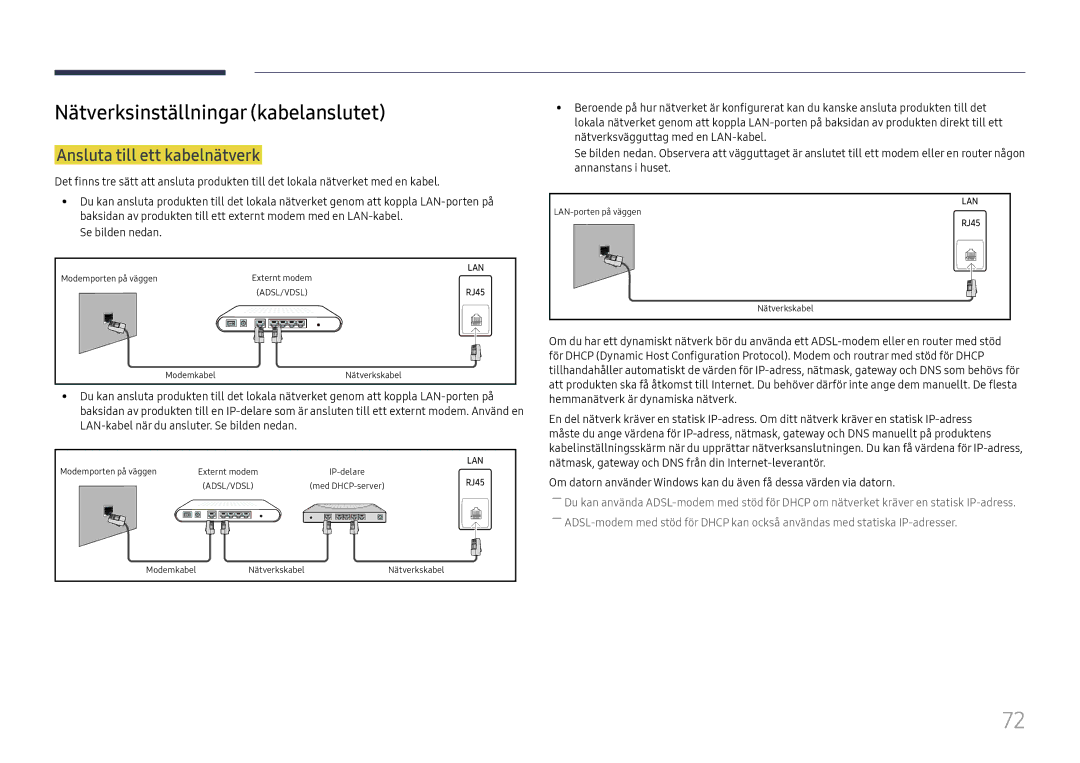 Samsung LH49DCJPLGC/EN, LH43DCJPLGC/EN, LH49DCHPLGC/EN Nätverksinställningar kabelanslutet, Ansluta till ett kabelnätverk 