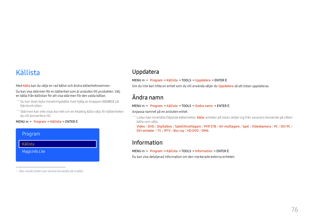 Samsung LH43DCJPLGC/EN, LH49DCJPLGC/EN, LH49DCHPLGC/EN manual Program, Källista, Uppdatera, Ändra namn, Information 