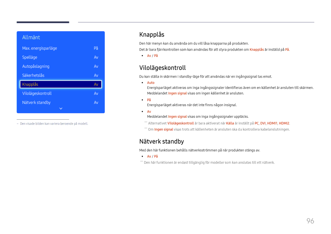 Samsung LH49DCJPLGC/EN, LH43DCJPLGC/EN, LH49DCHPLGC/EN manual Knapplås, Vilolägeskontroll Nätverk standby 