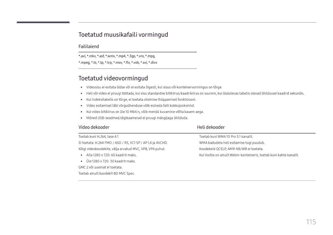 Samsung LH43DCJPLGC/EN manual 115, Toetatud muusikafaili vormingud, Toetatud videovormingud, Faililaiend, Video dekooder 